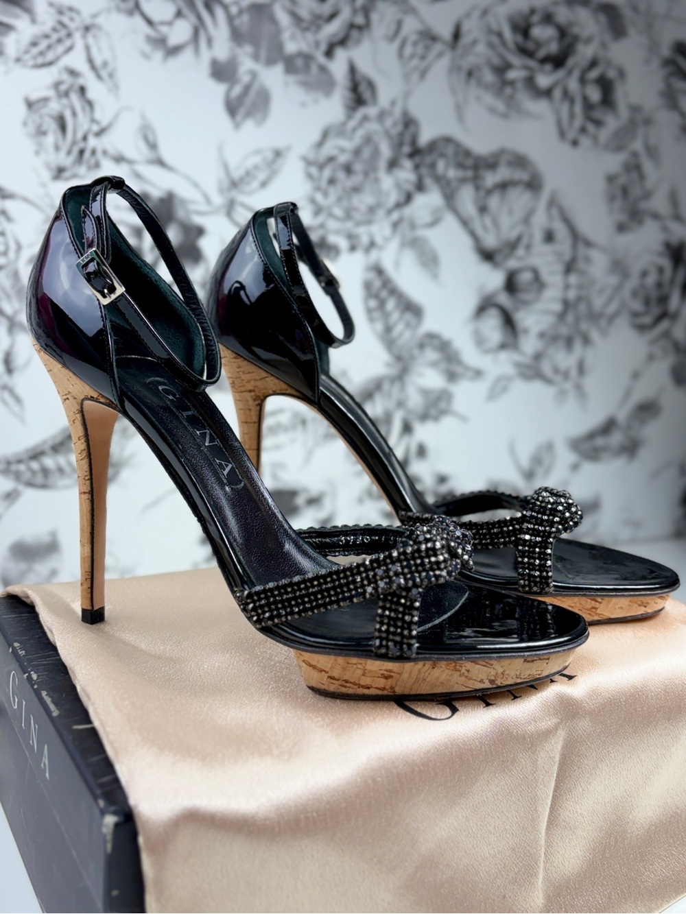 Gina Patent Leather 5” Cork Wrapped Platform Heel w/ Rhinestone Strap, Sz 11 - Picture 2 of 9